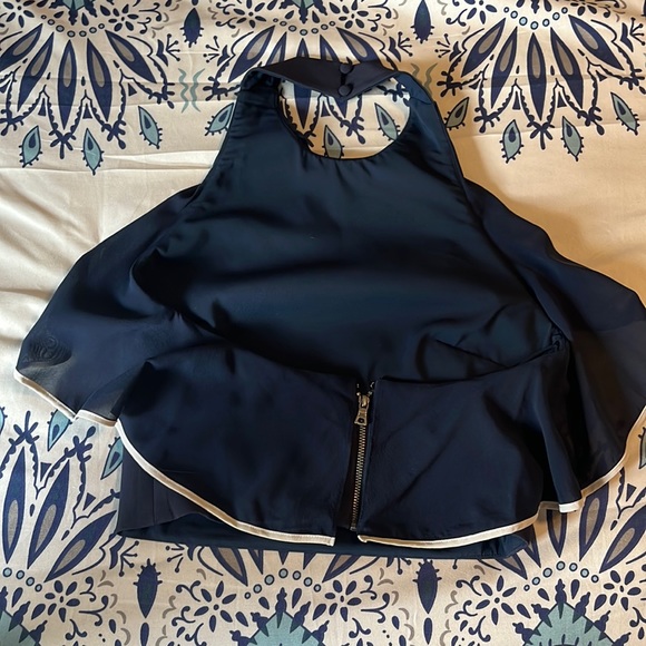 Alice + Olivia navy blue cropped halter top with sheer ruffle size XS - Picture 4 of 12